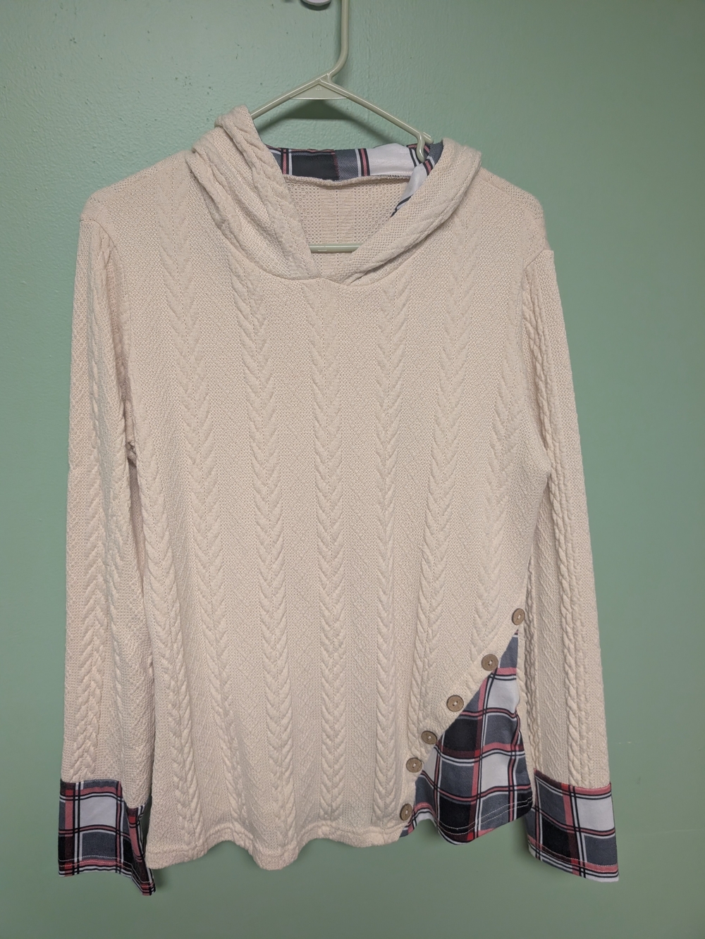 Cozy Cream Cable-Knit Hooded Sweater with Plaid Trim
